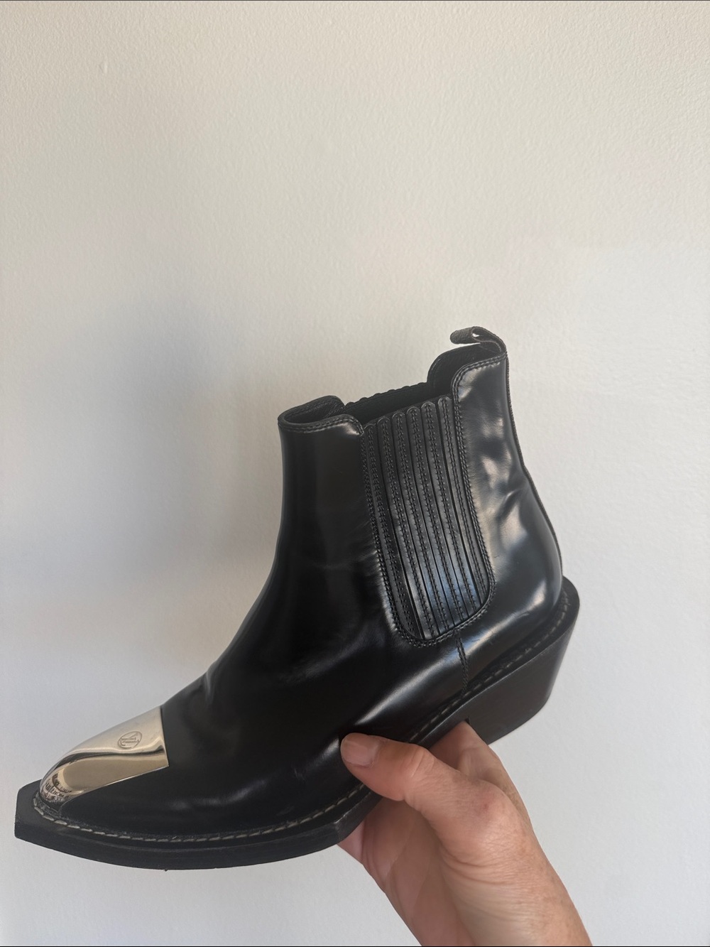 Stunning Louis Vuitton Black Leather Chelsea Boot with Silver Toe Cap